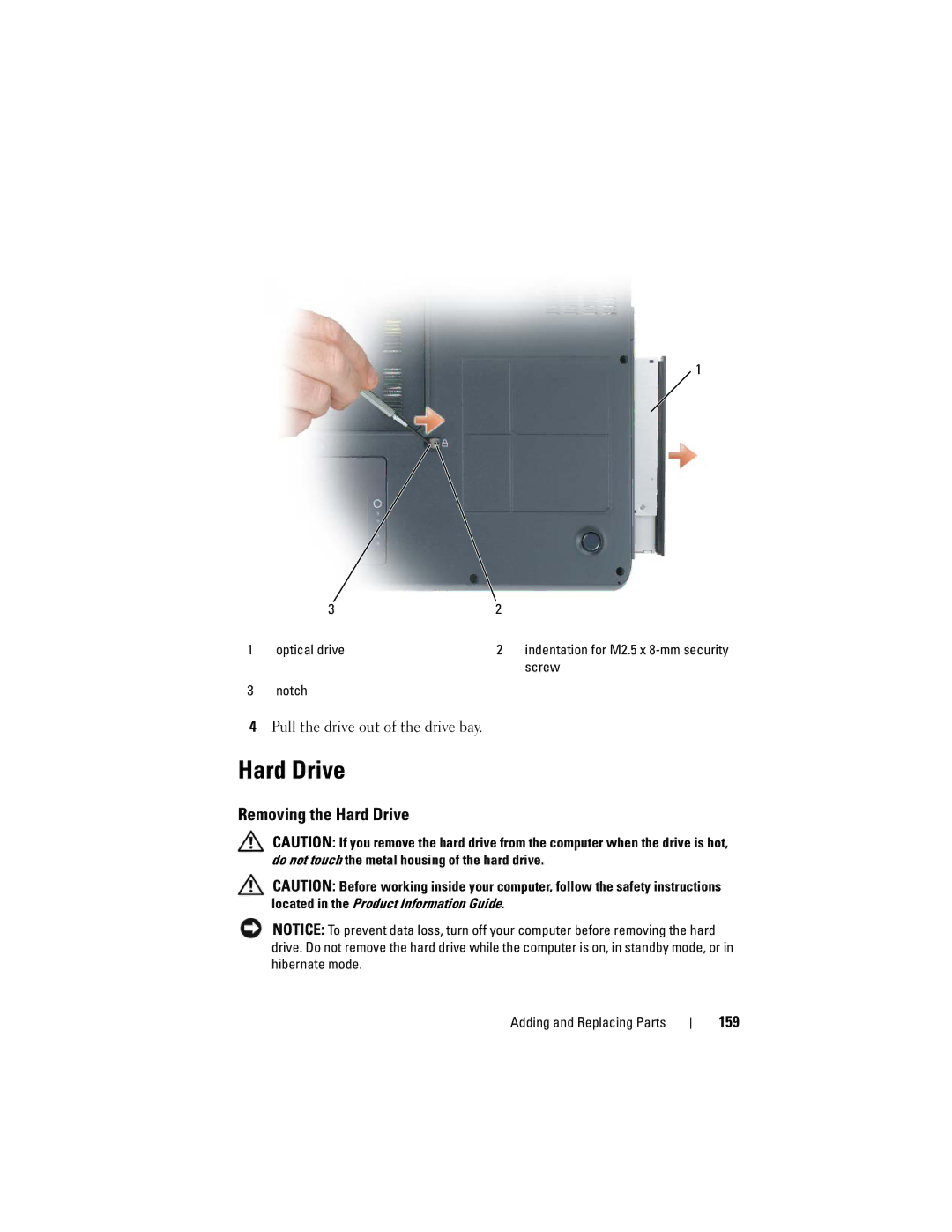 Dell PY760 manual Removing the Hard Drive, 159, Screw, Notch 