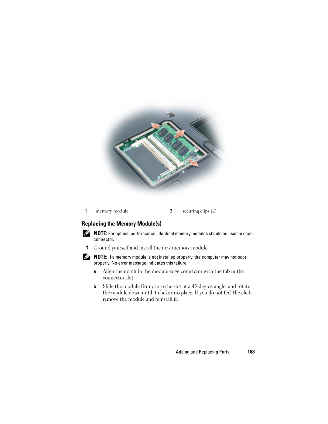 Dell PY760 manual Replacing the Memory Modules, 163 