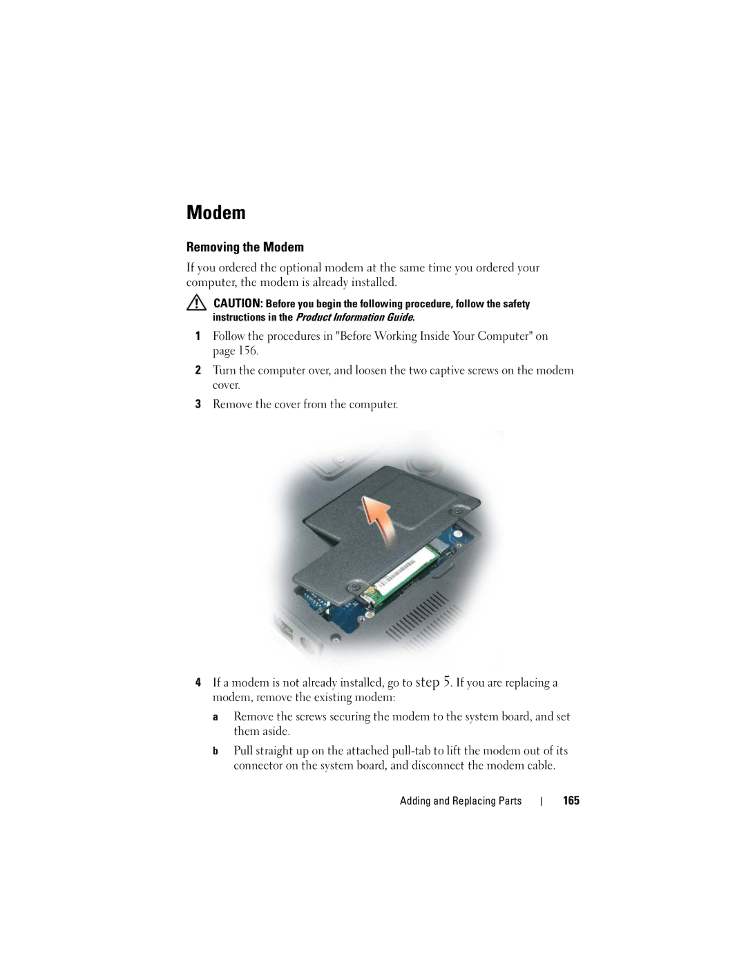 Dell PY760 manual Removing the Modem, 165 