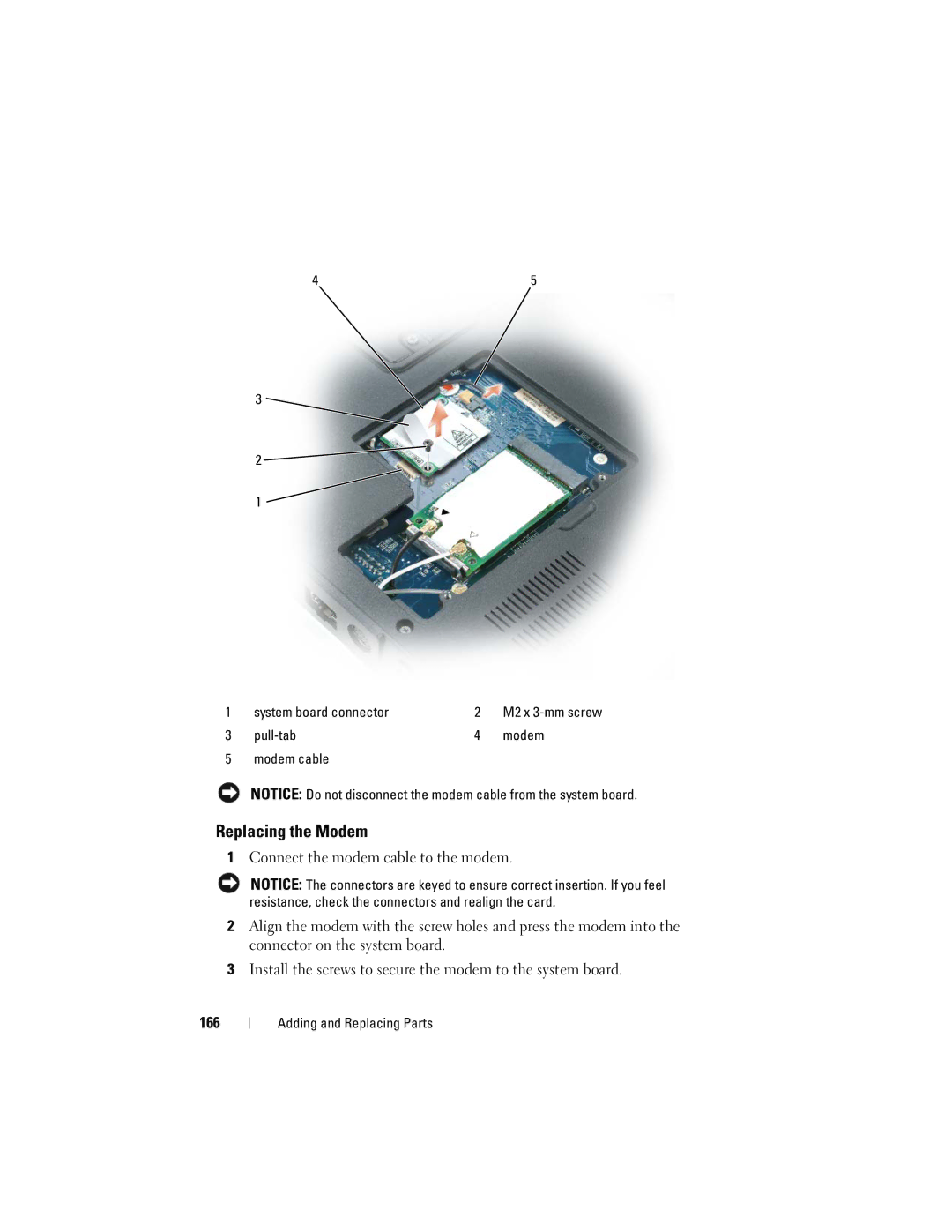 Dell PY760 manual Replacing the Modem, 166, System board connector, Pull-tab Modem Modem cable 