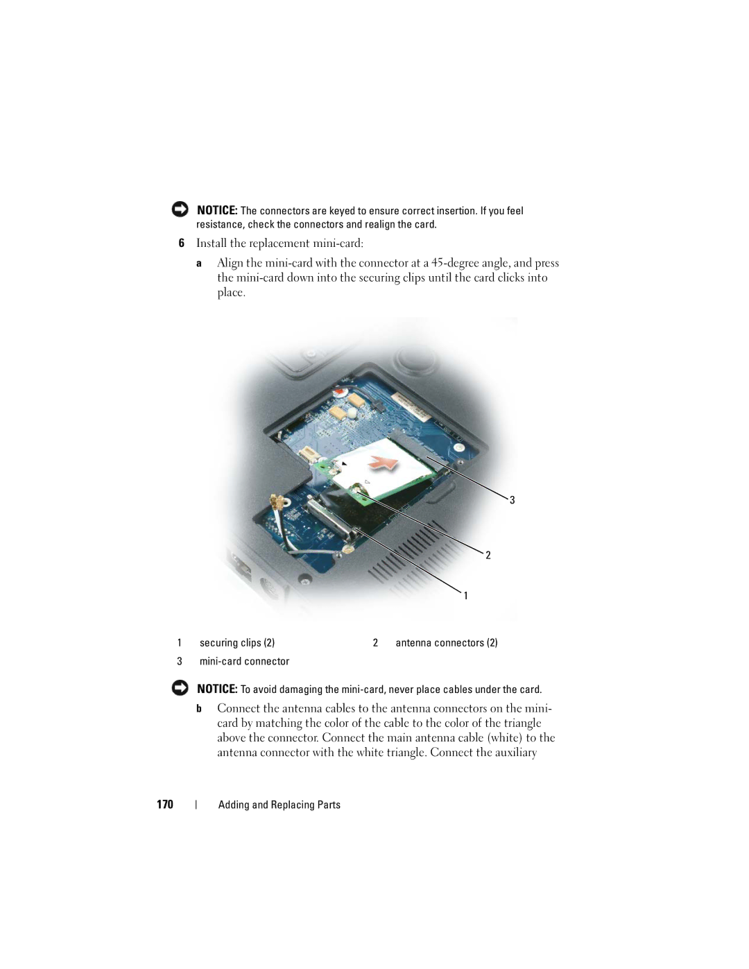 Dell PY760 manual 170, Securing clips Antenna connectors Mini-card connector 