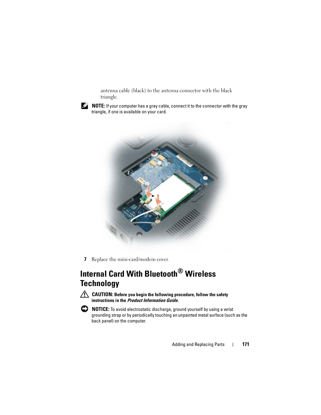 Dell PY760 manual Internal Card With Bluetooth Wireless Technology, 171 