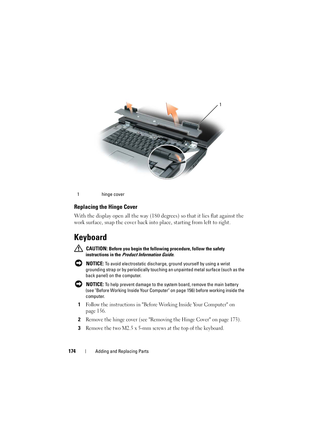 Dell PY760 manual Keyboard, Replacing the Hinge Cover, 174 