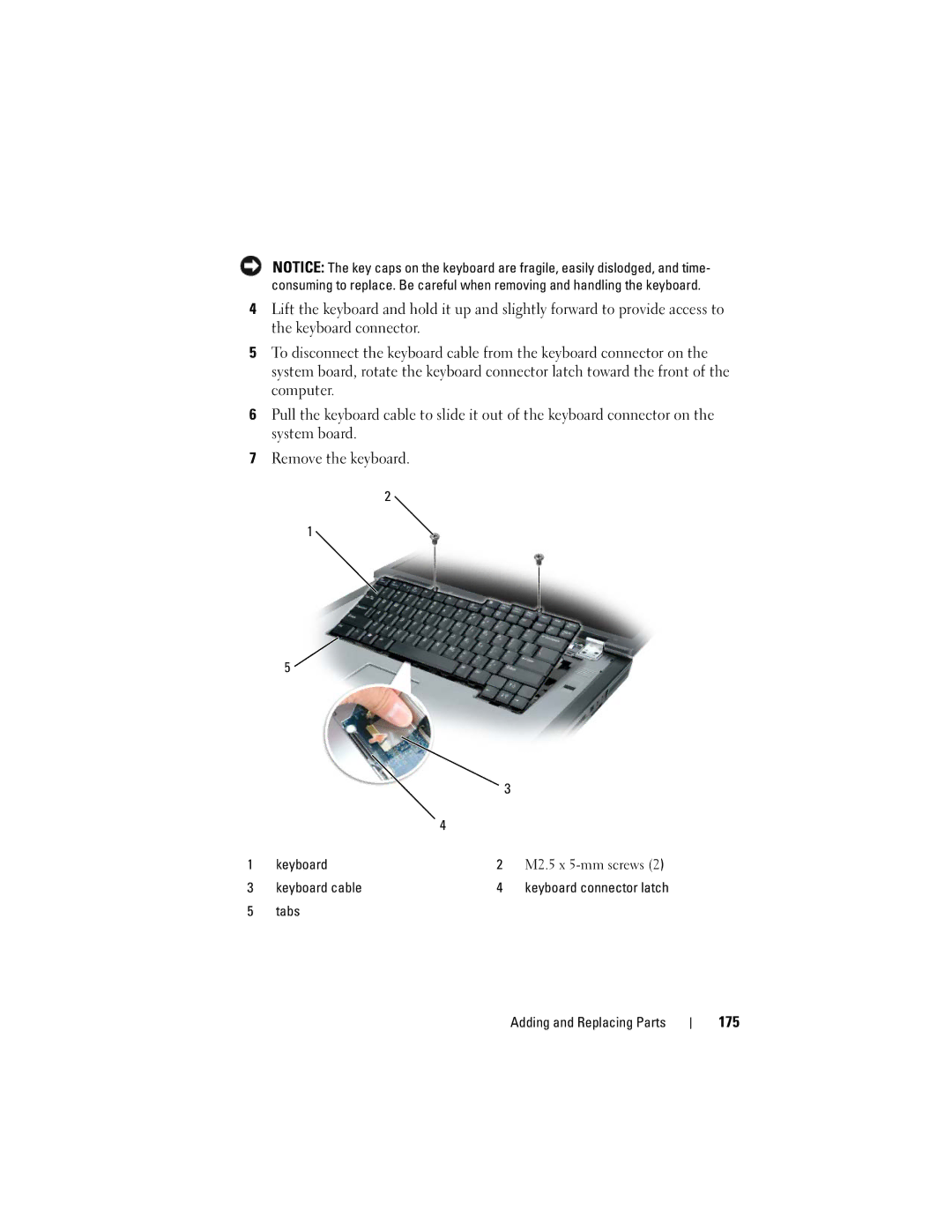 Dell PY760 manual 175, Keyboard cable, Tabs Adding and Replacing Parts 