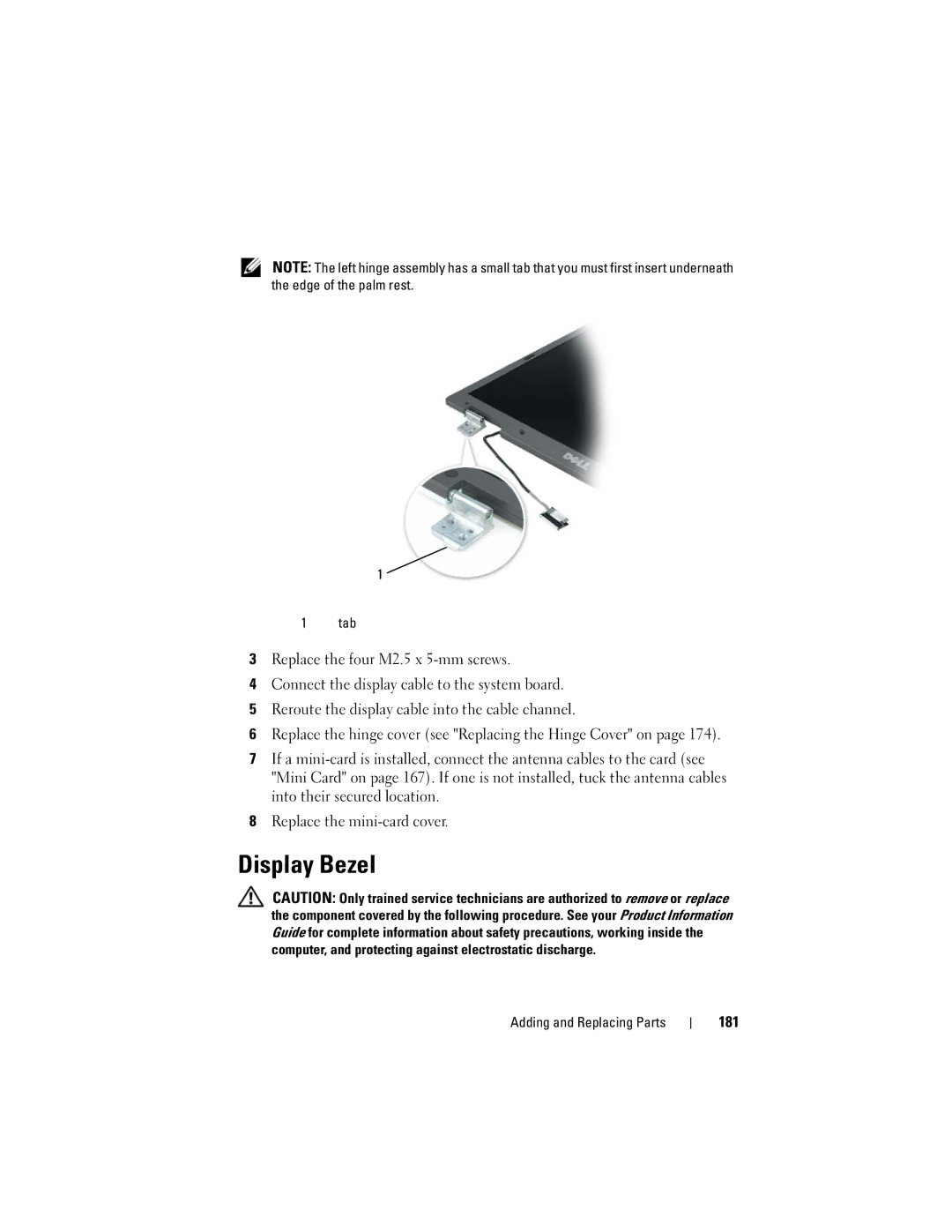 Dell PY760 manual Display Bezel, 181, Tab 