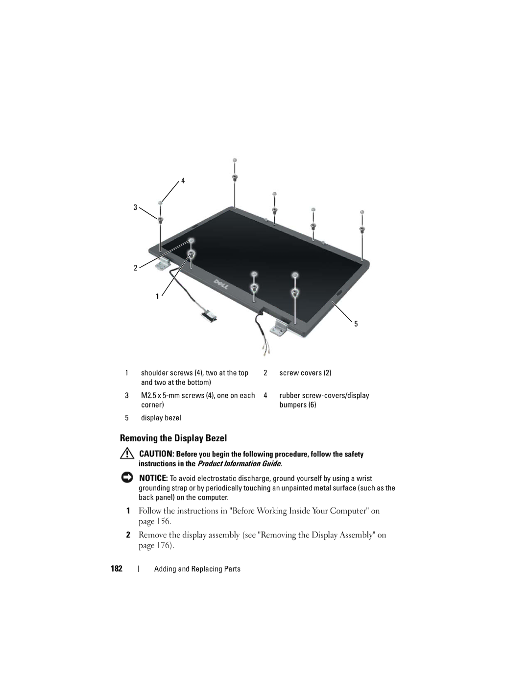 Dell PY760 manual Removing the Display Bezel, 182, Screw covers, Two at the bottom, Corner Bumpers Display bezel 