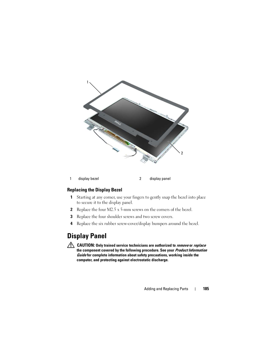 Dell PY760 manual Display Panel, Replacing the Display Bezel, 185 