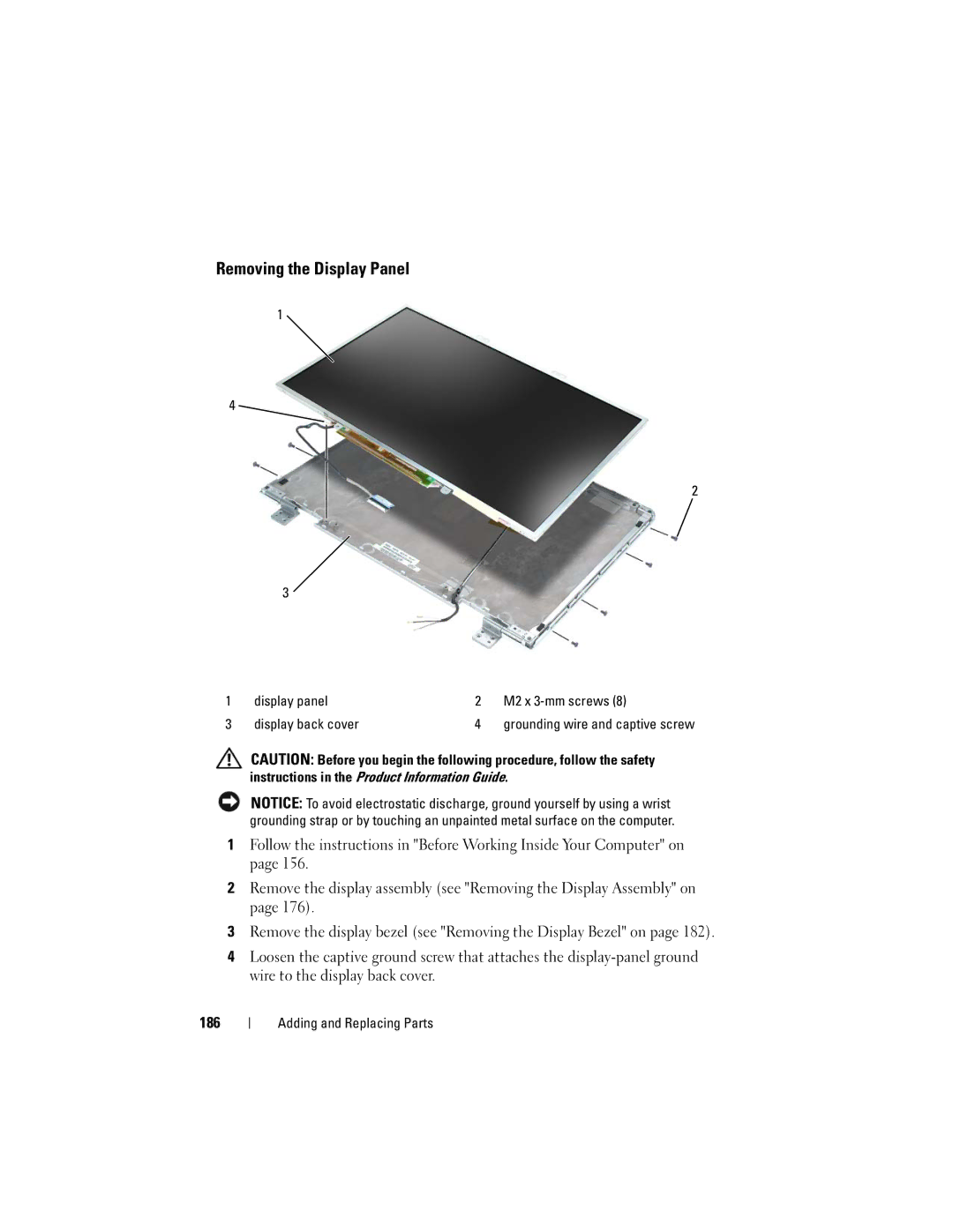 Dell PY760 manual Removing the Display Panel, 186, Display panel M2 x 3-mm screws Display back cover 