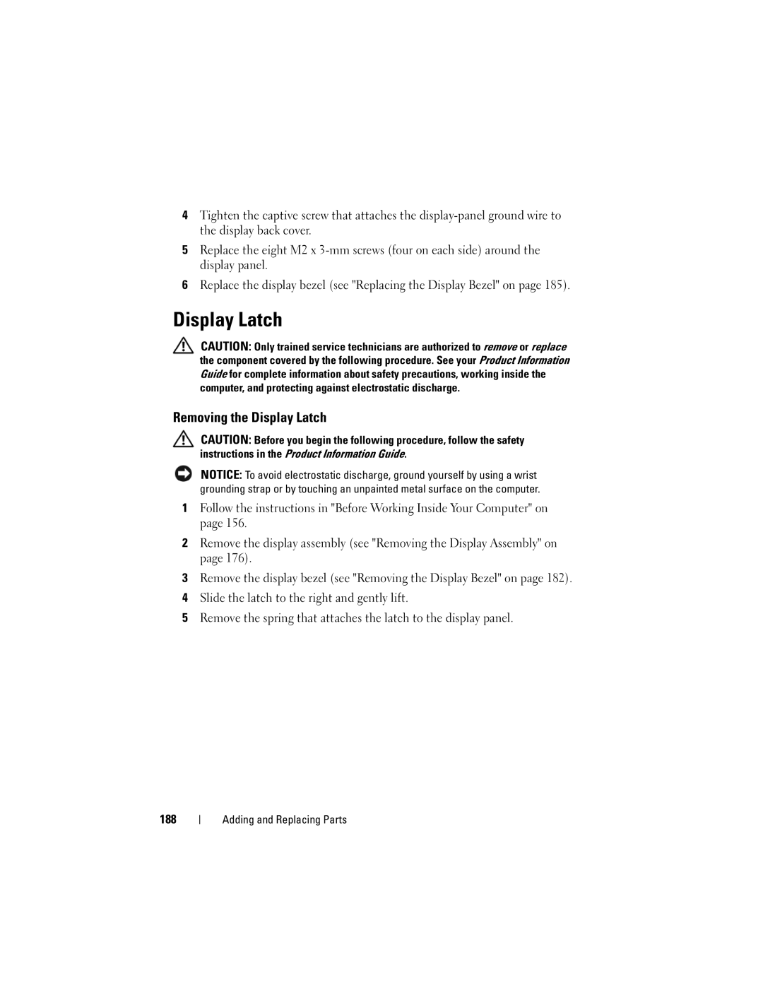 Dell PY760 manual Removing the Display Latch, 188 