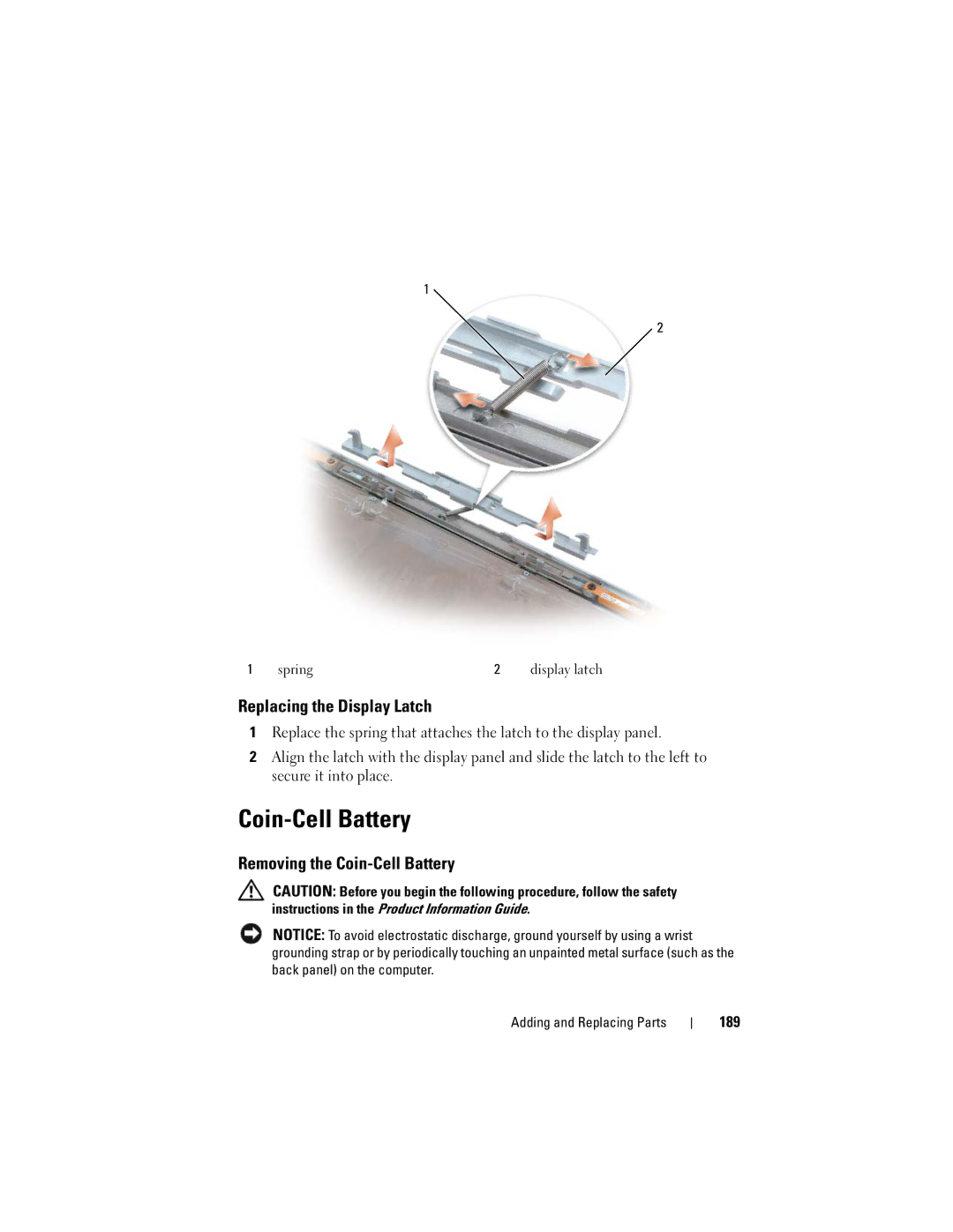 Dell PY760 manual Replacing the Display Latch, Removing the Coin-Cell Battery, 189 
