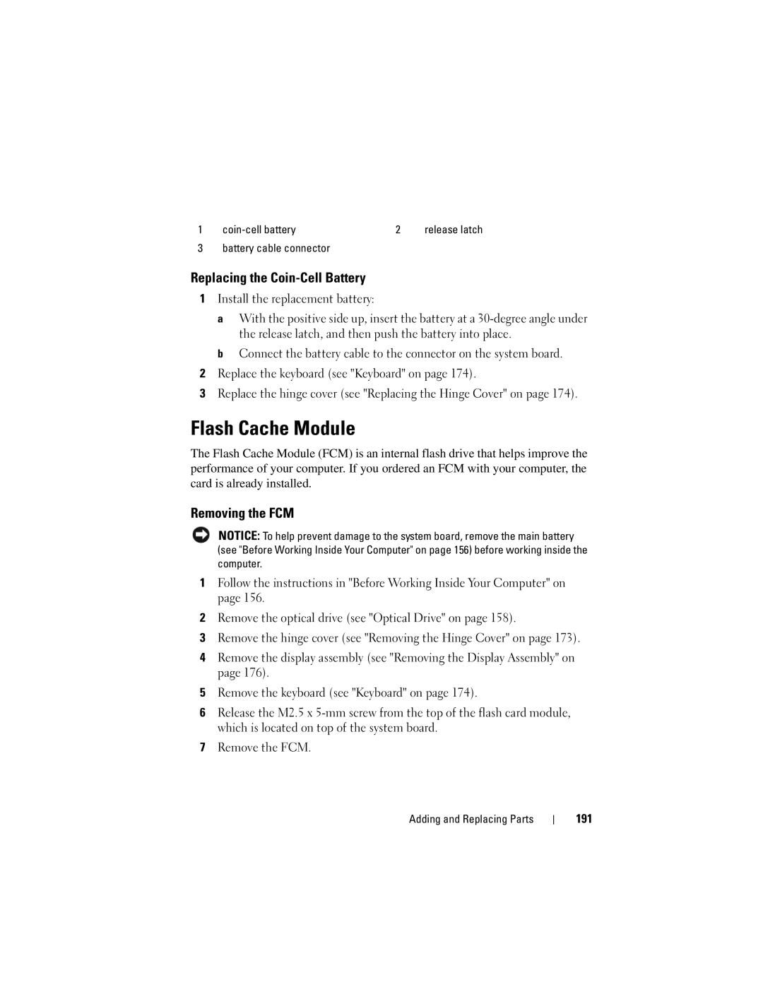 Dell PY760 manual Flash Cache Module, Replacing the Coin-Cell Battery, Removing the FCM, 191 