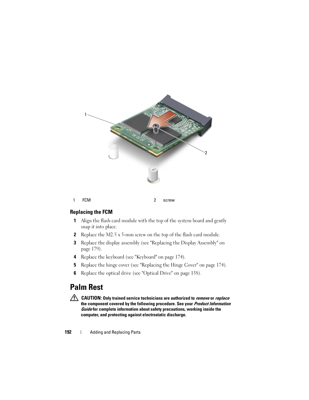 Dell PY760 manual Palm Rest, Replacing the FCM, 192 