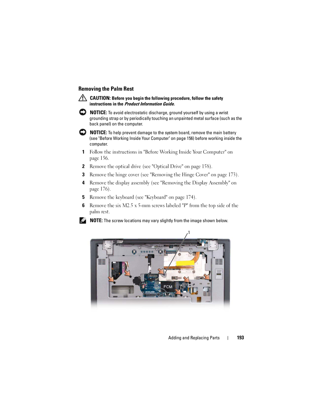 Dell PY760 manual Removing the Palm Rest, 193 