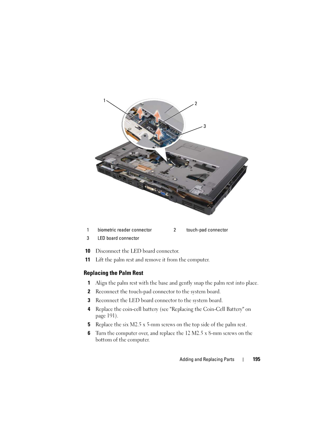 Dell PY760 manual Replacing the Palm Rest, 195, Biometric reader connector, LED board connector 