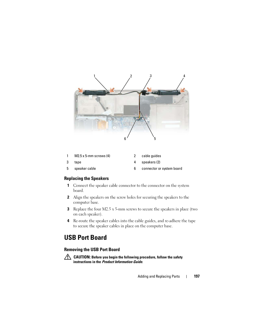 Dell PY760 manual Replacing the Speakers, Removing the USB Port Board, 197 