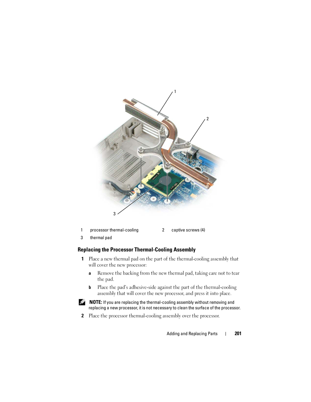 Dell PY760 manual Replacing the Processor Thermal-Cooling Assembly, 201, Processor thermal-cooling, Thermal pad 