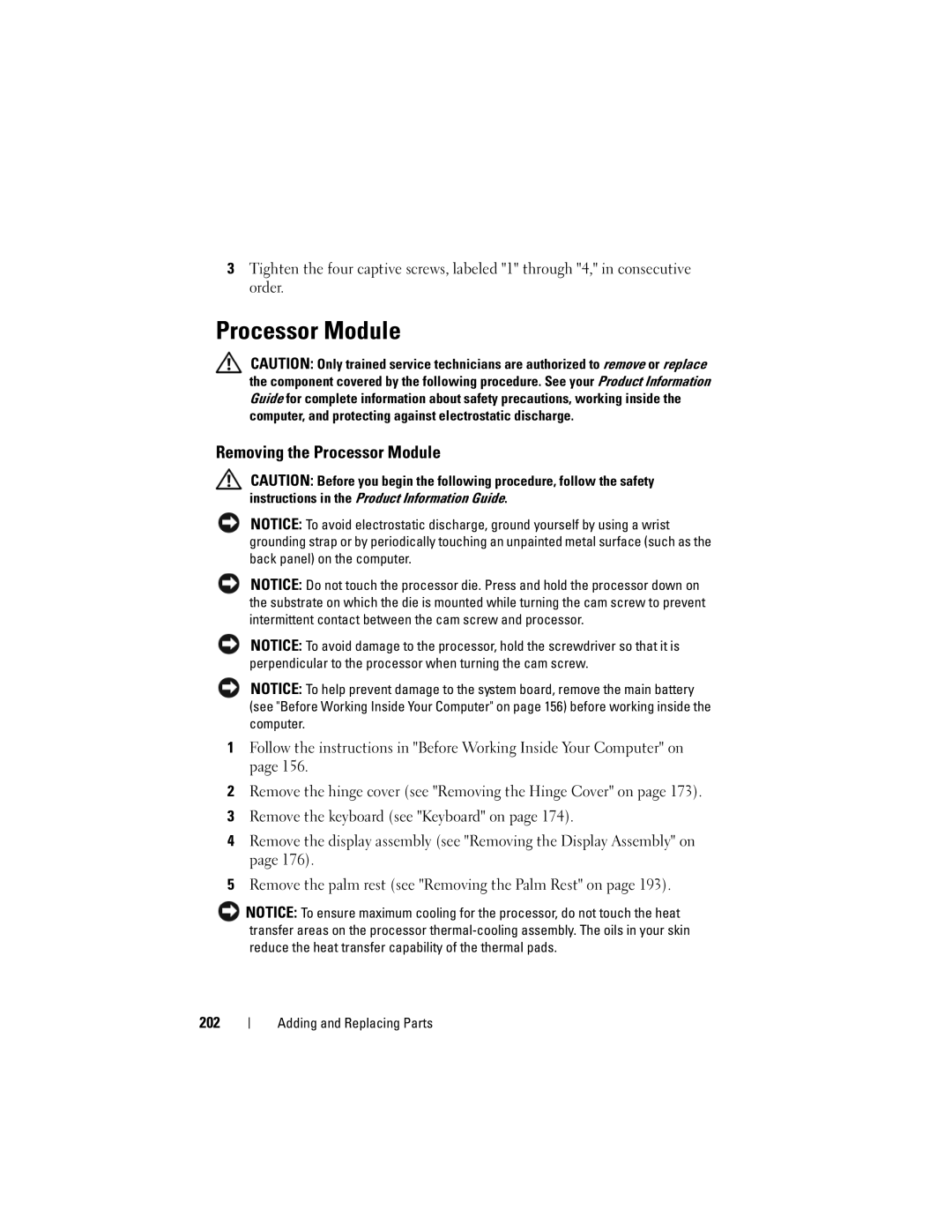 Dell PY760 manual Removing the Processor Module, 202 