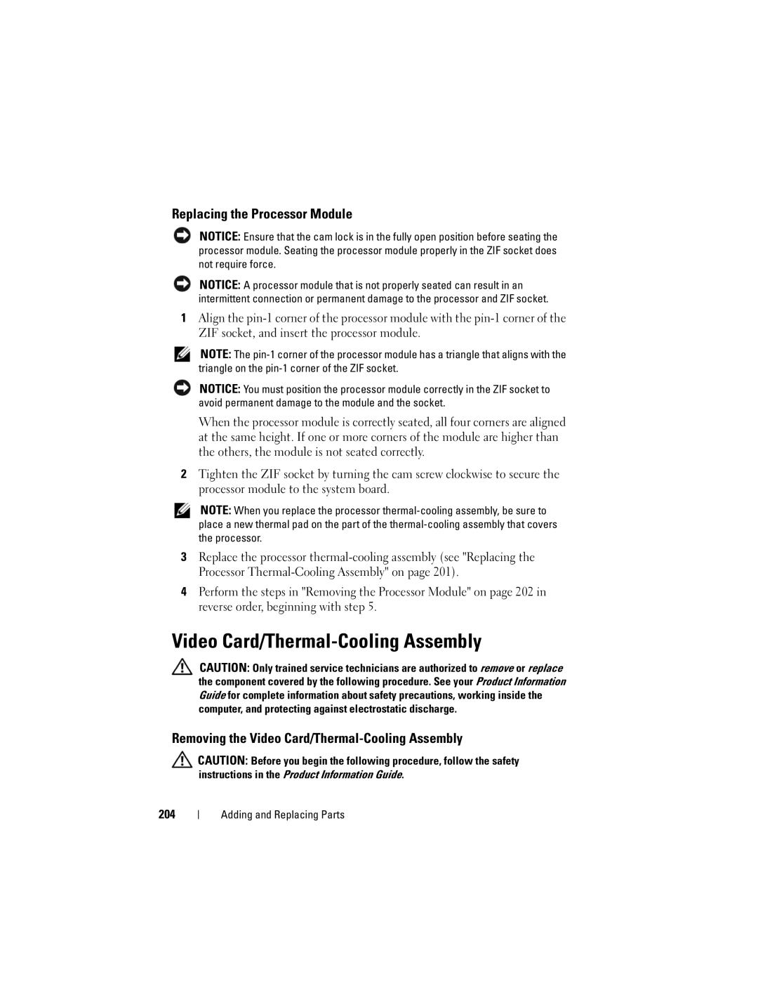 Dell PY760 manual Video Card/Thermal-Cooling Assembly, Replacing the Processor Module, 204 