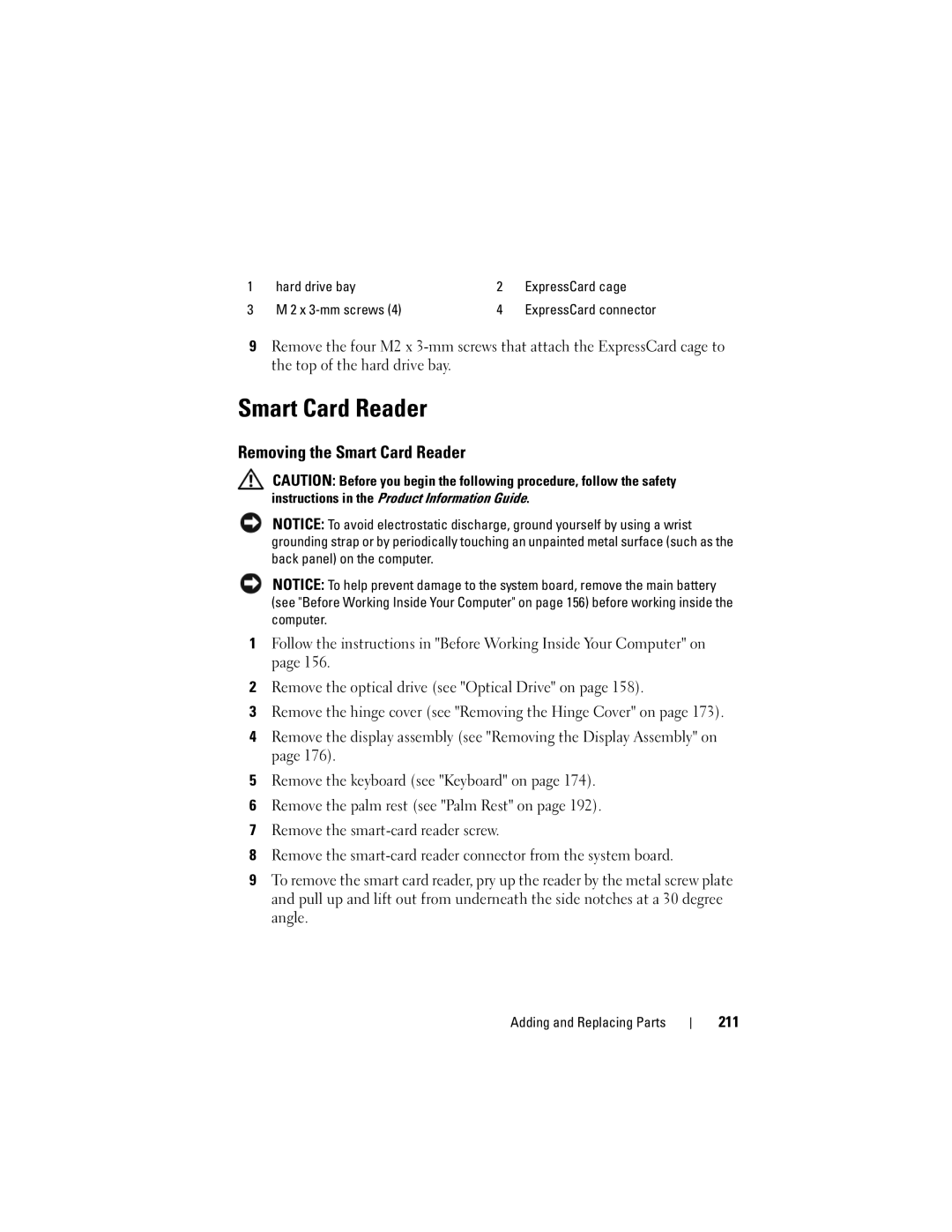 Dell PY760 manual Removing the Smart Card Reader, 211, Hard drive bay ExpressCard cage X 3-mm screws 