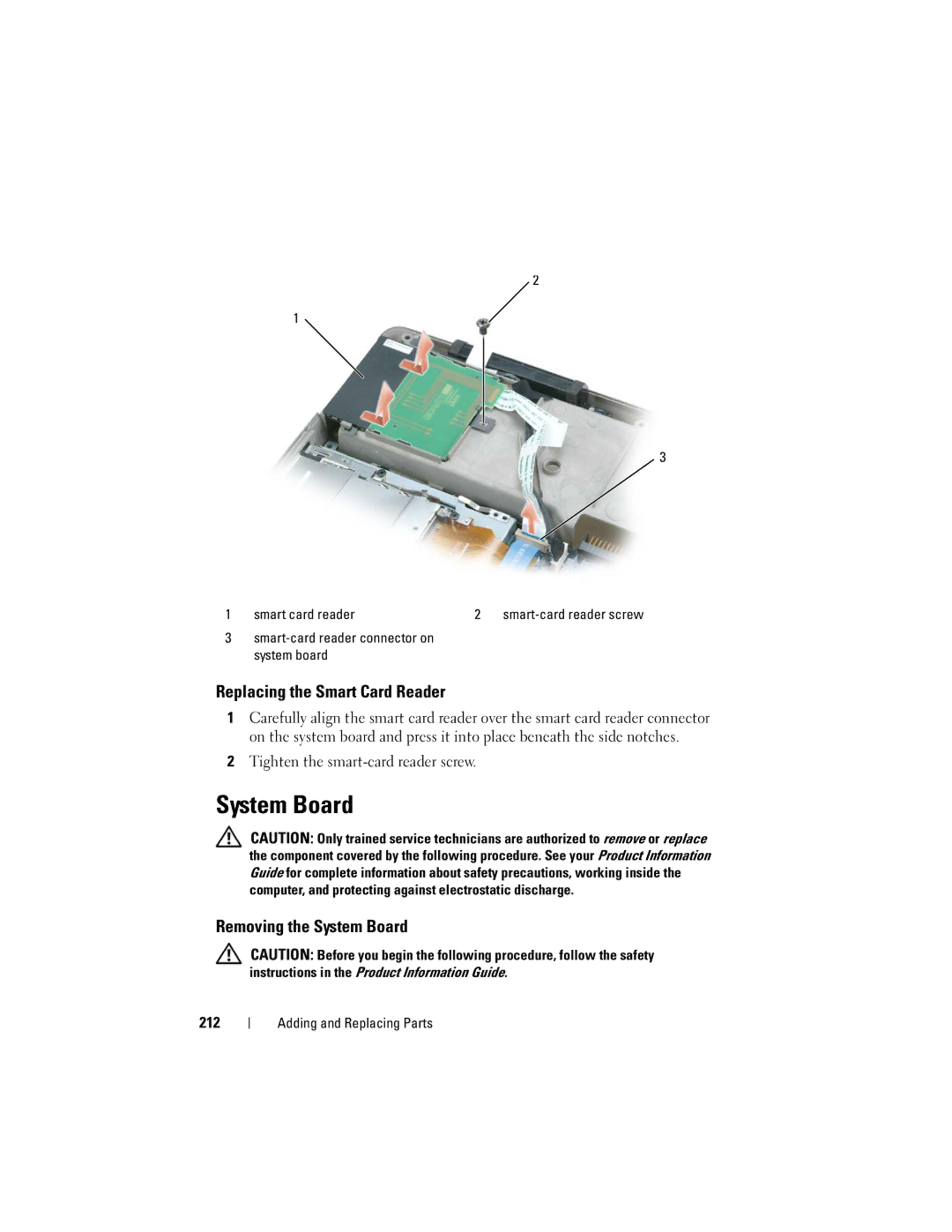 Dell PY760 manual Replacing the Smart Card Reader, Removing the System Board, 212 