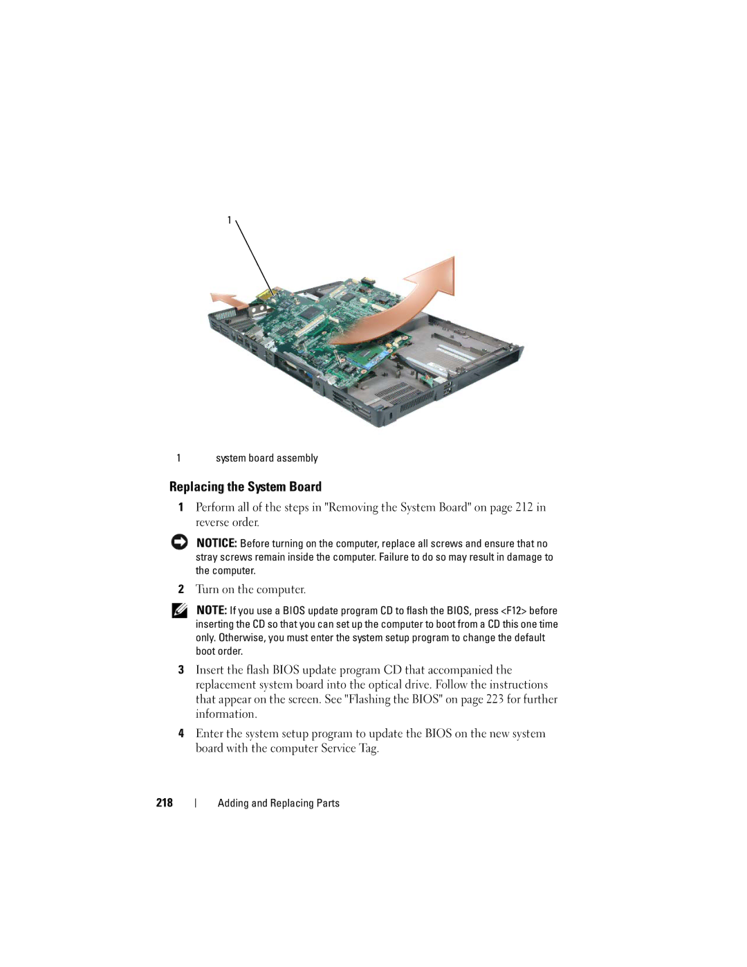 Dell PY760 manual Replacing the System Board, 218 