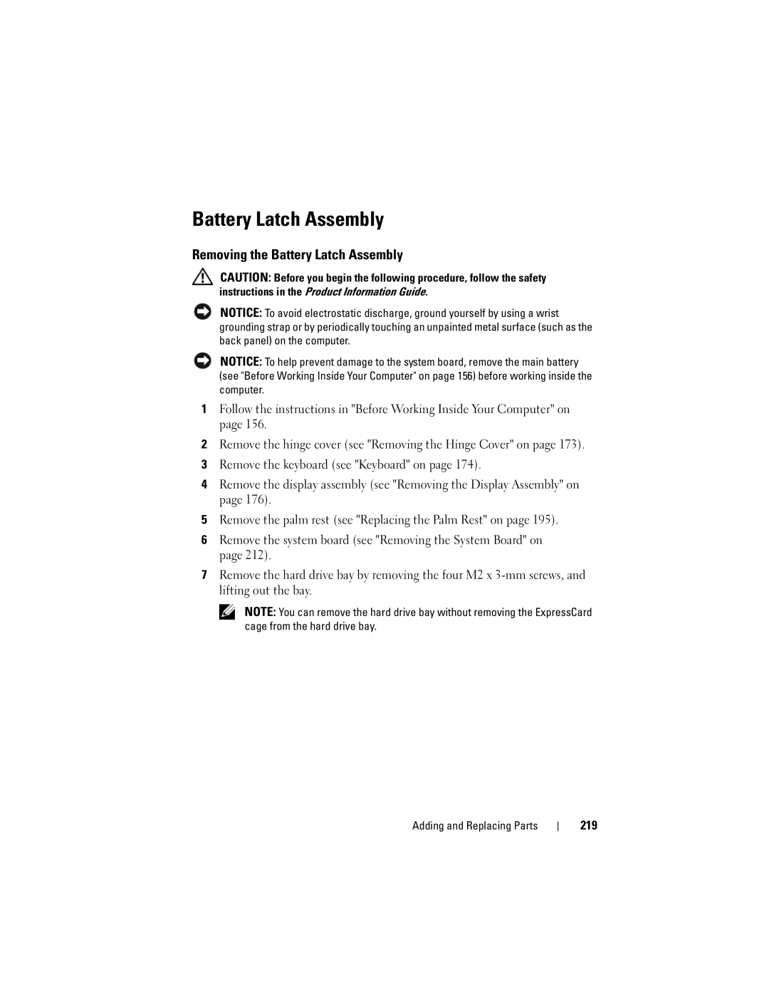 Dell PY760 manual Removing the Battery Latch Assembly, 219 