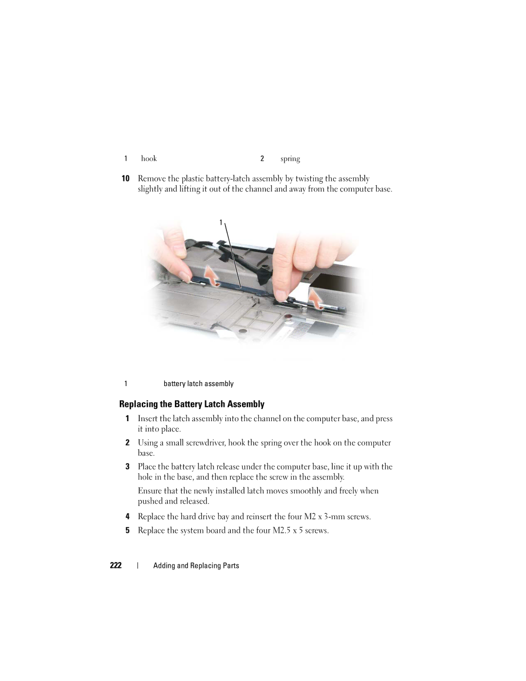 Dell PY760 manual Replacing the Battery Latch Assembly, 222 