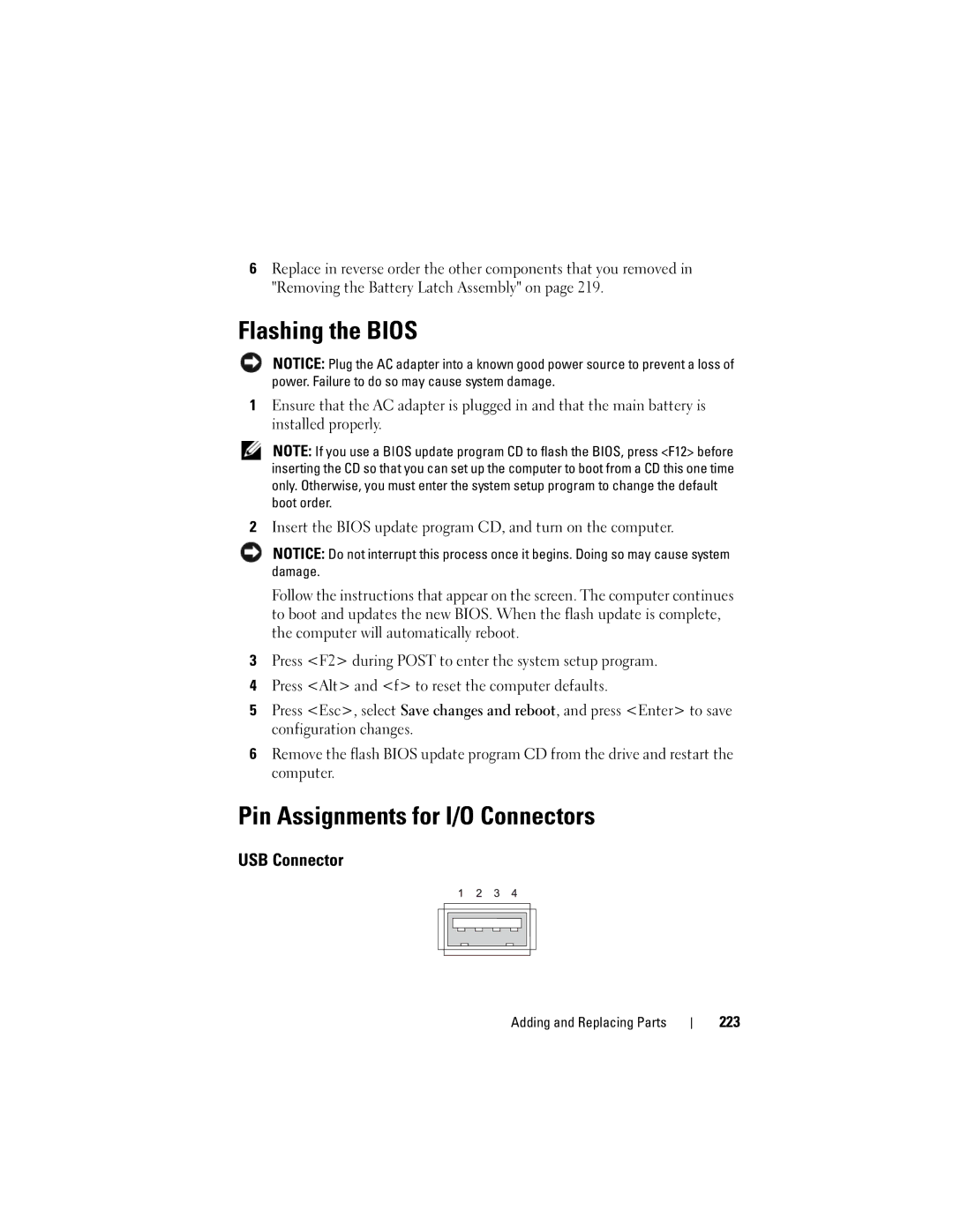 Dell PY760 manual Flashing the Bios, Pin Assignments for I/O Connectors, USB Connector, 223 