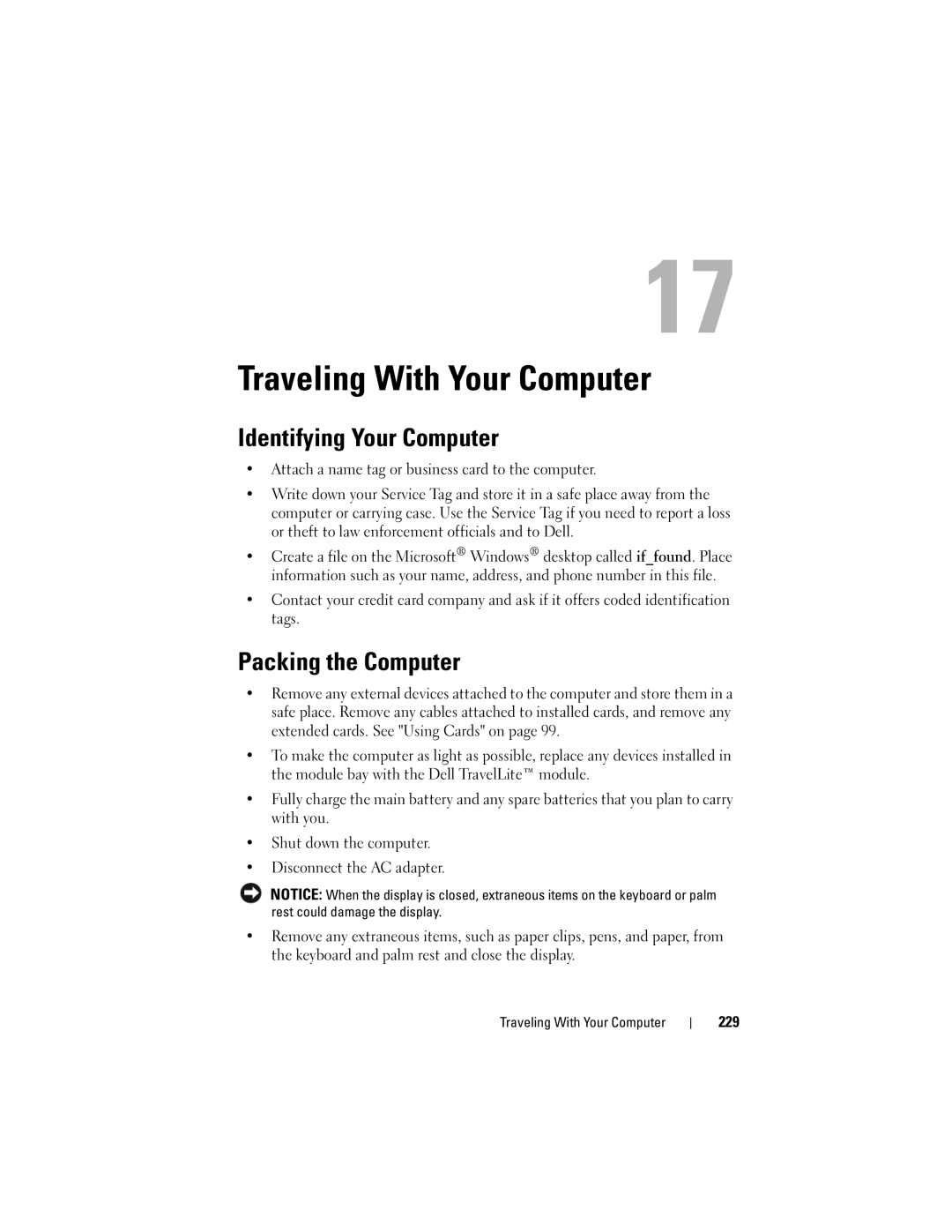 Dell PY760 manual Traveling With Your Computer, Identifying Your Computer, Packing the Computer, 229 