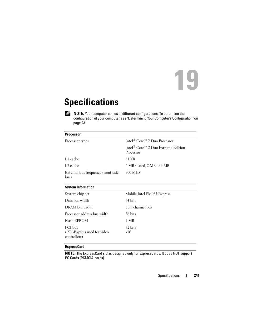 Dell PY760 manual 241, Processor, System Information, ExpressCard Specifications 