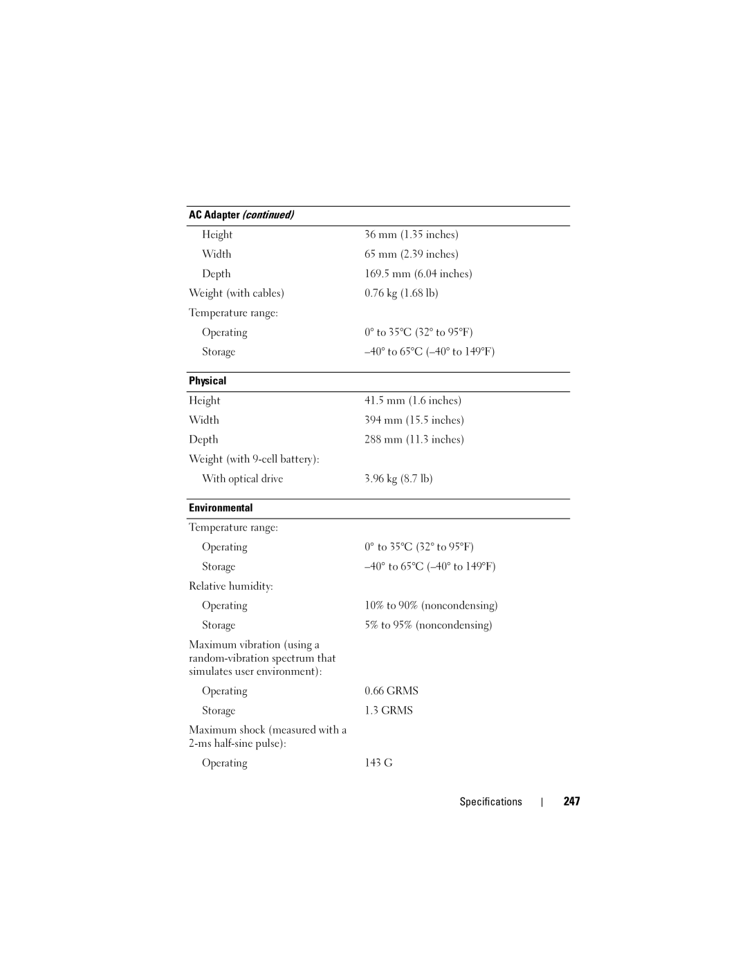 Dell PY760 manual 247, AC Adapter Height, Physical, With optical drive, Environmental 