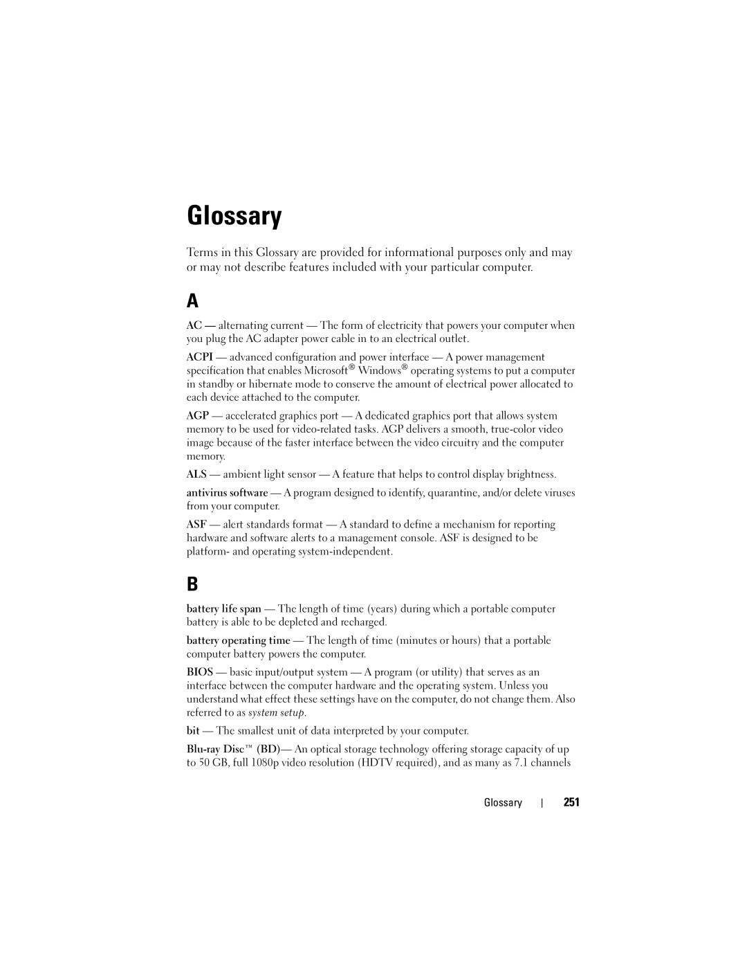 Dell PY760 manual Glossary, 251 