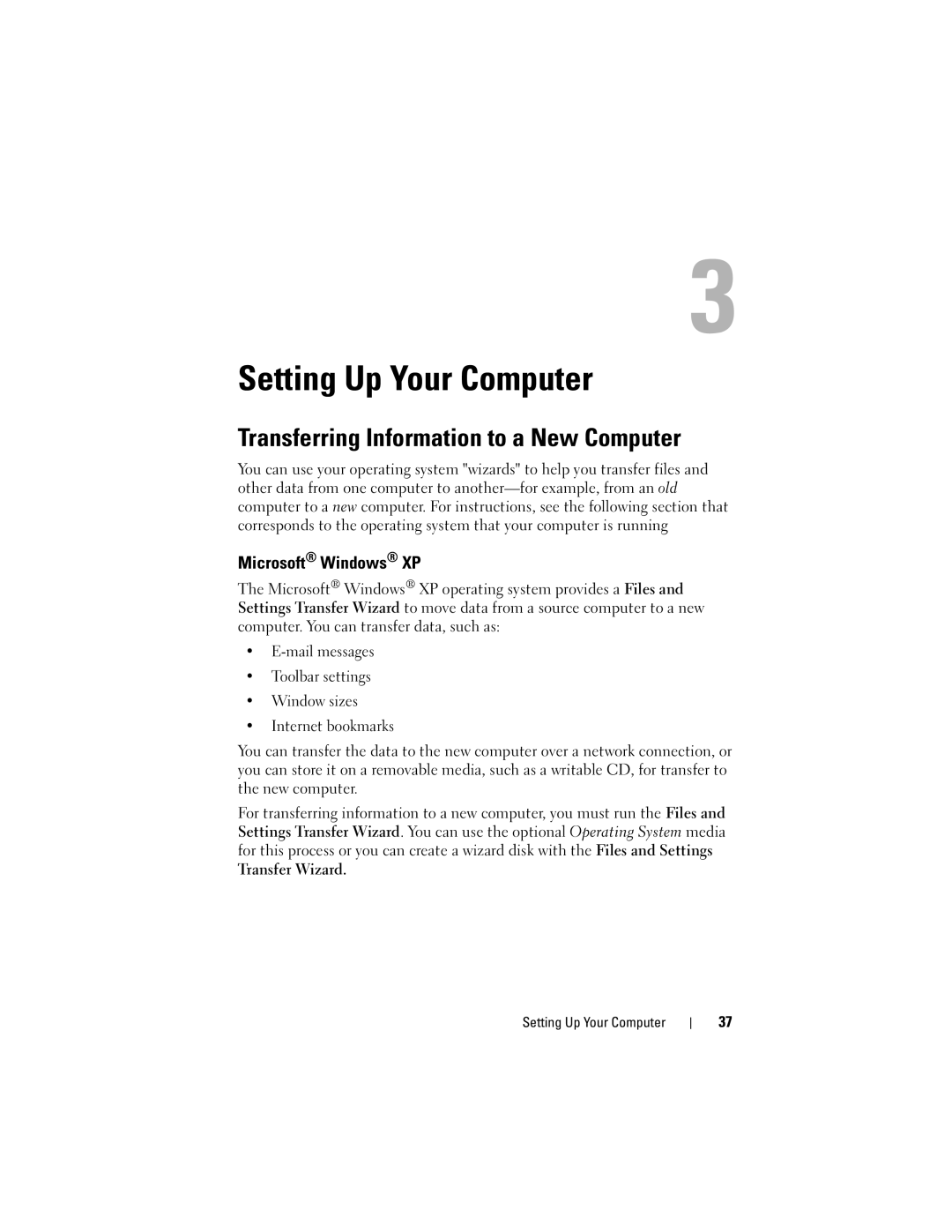 Dell PY760 manual Setting Up Your Computer, Transferring Information to a New Computer, Microsoft Windows XP 