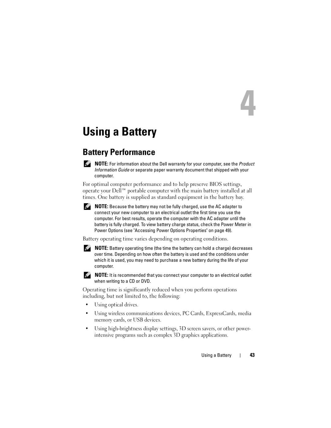 Dell PY760 manual Using a Battery, Battery Performance 