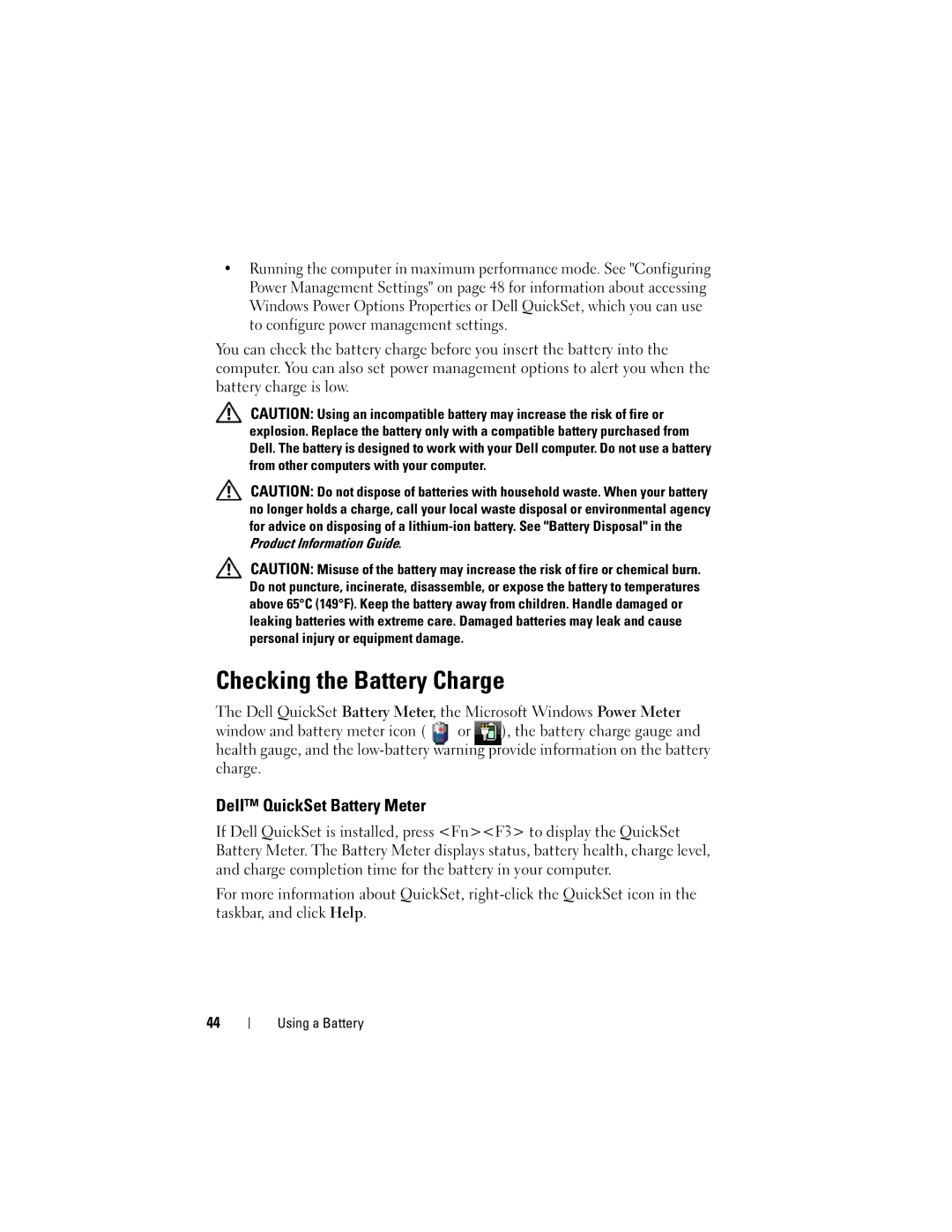 Dell PY760 manual Checking the Battery Charge, Dell QuickSet Battery Meter 