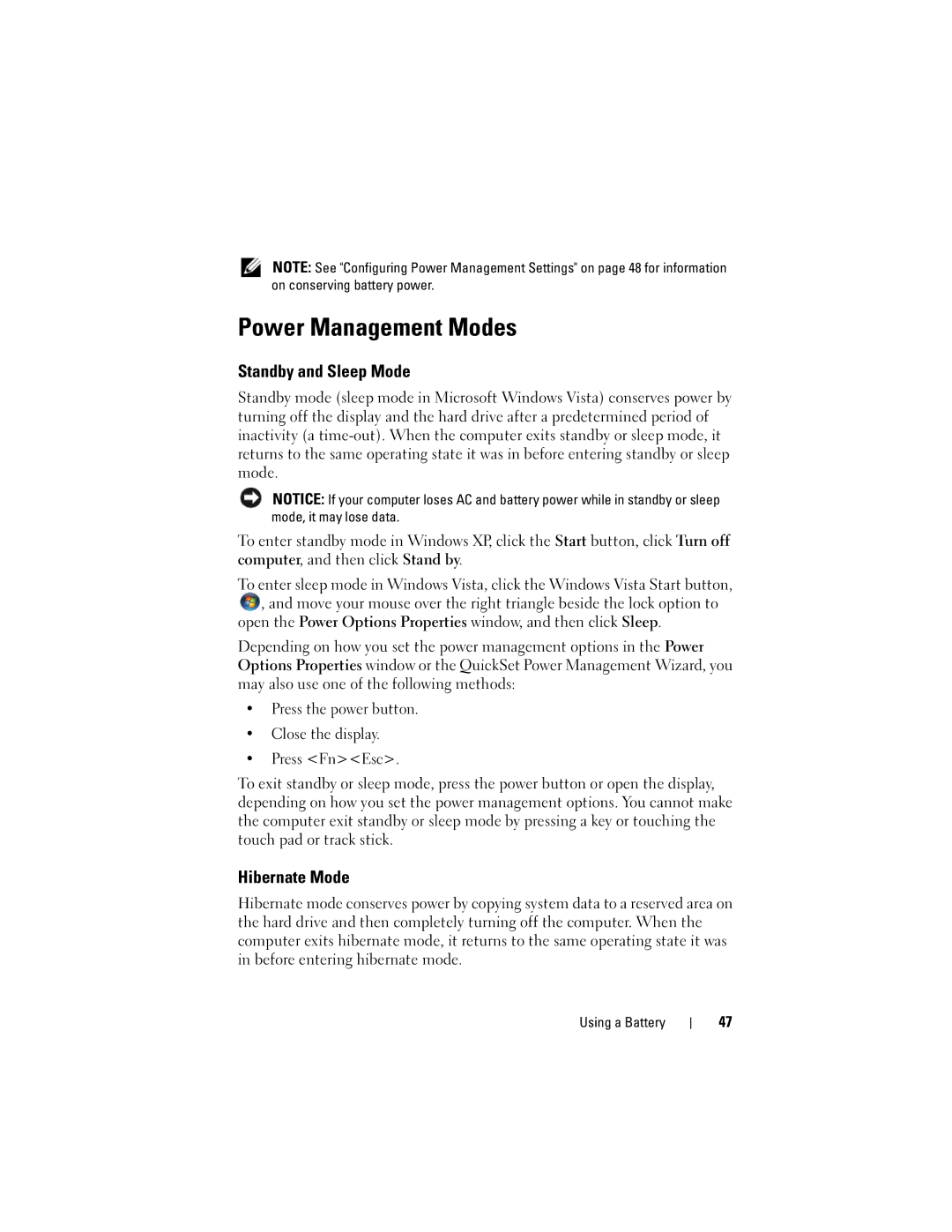 Dell PY760 manual Power Management Modes, Standby and Sleep Mode, Hibernate Mode 