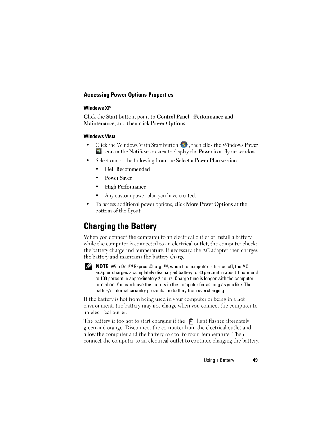 Dell PY760 manual Charging the Battery, Accessing Power Options Properties 