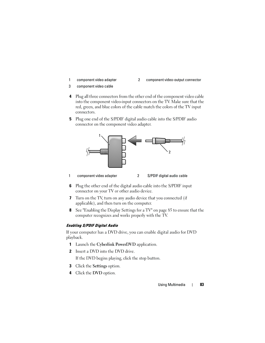 Dell PY760 manual Component video cable, Enabling S/PDIF Digital Audio 
