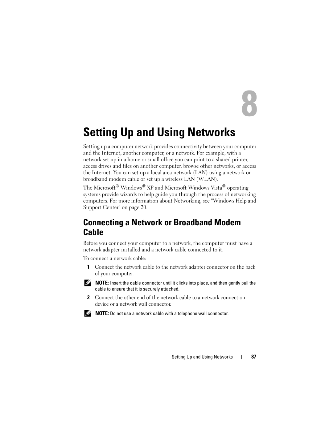 Dell PY760 manual Setting Up and Using Networks, Connecting a Network or Broadband Modem Cable 