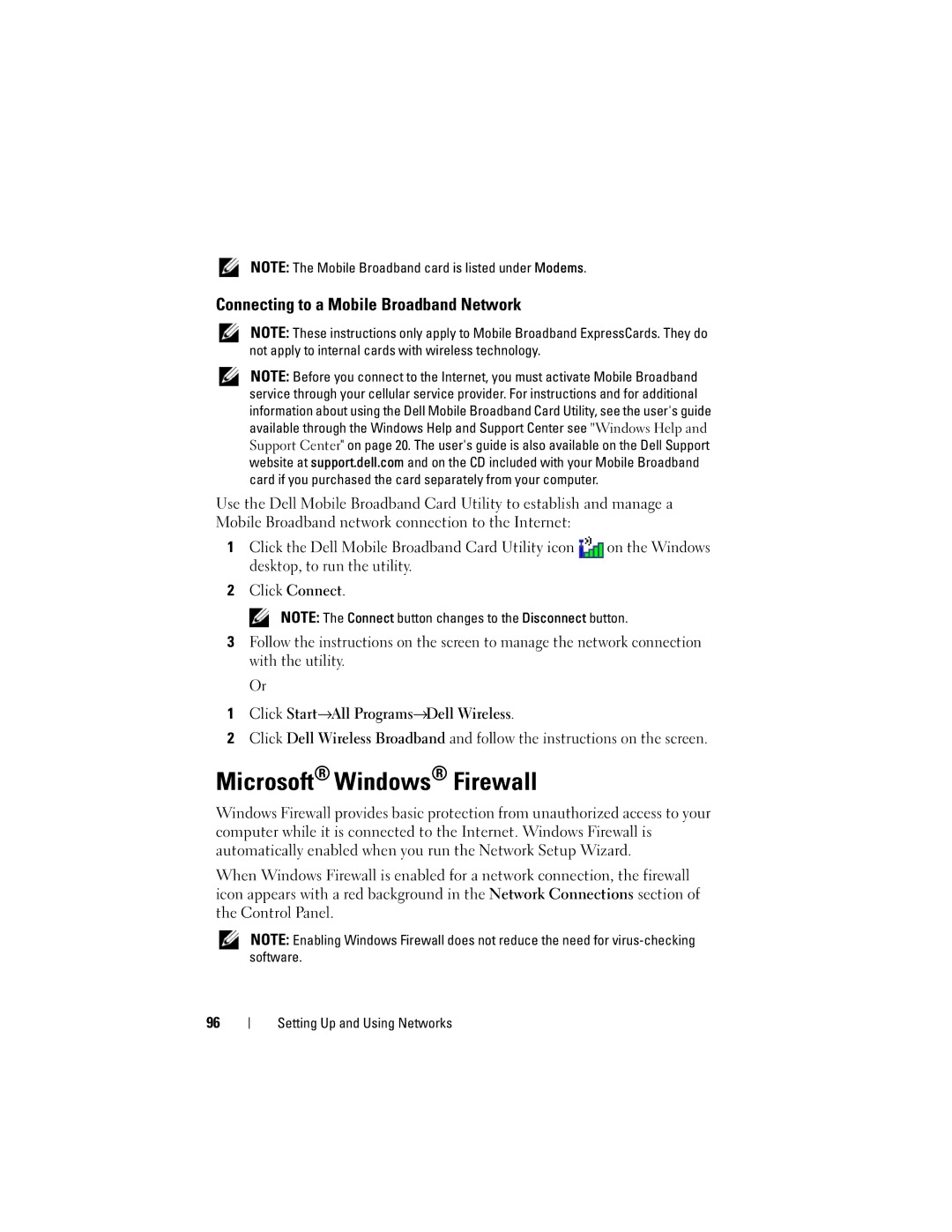 Dell PY760 manual Microsoft Windows Firewall, Connecting to a Mobile Broadband Network 