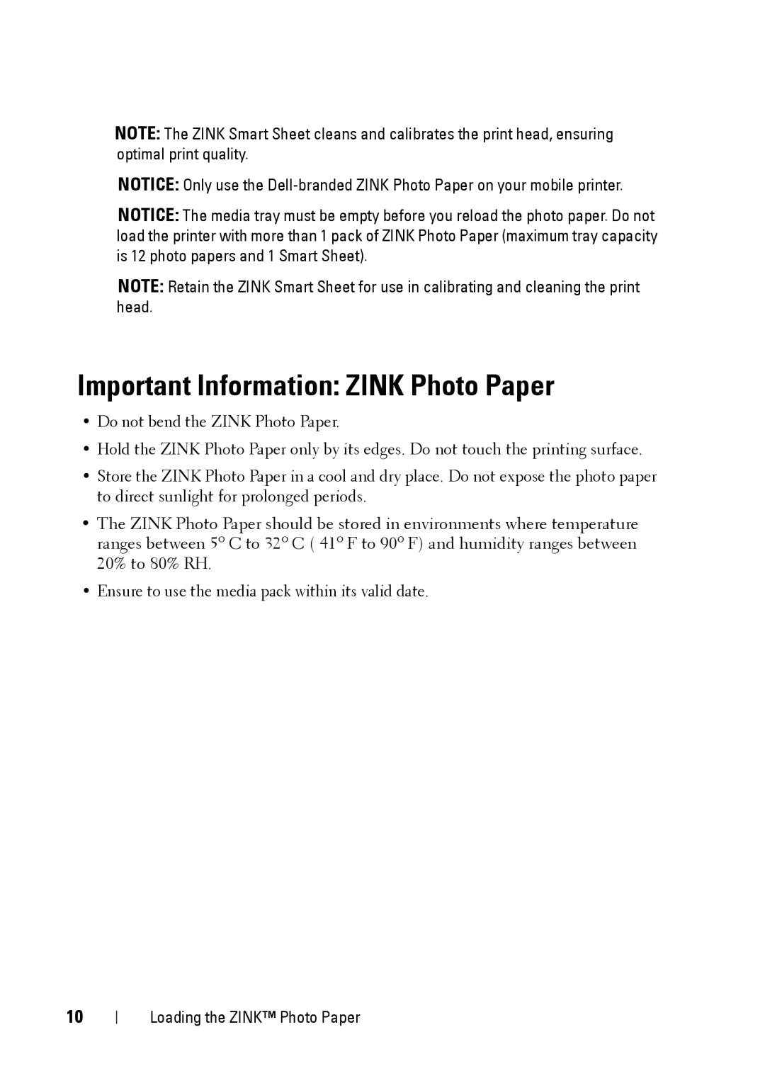 Dell PZ310 manual Important Information Zink Photo Paper 