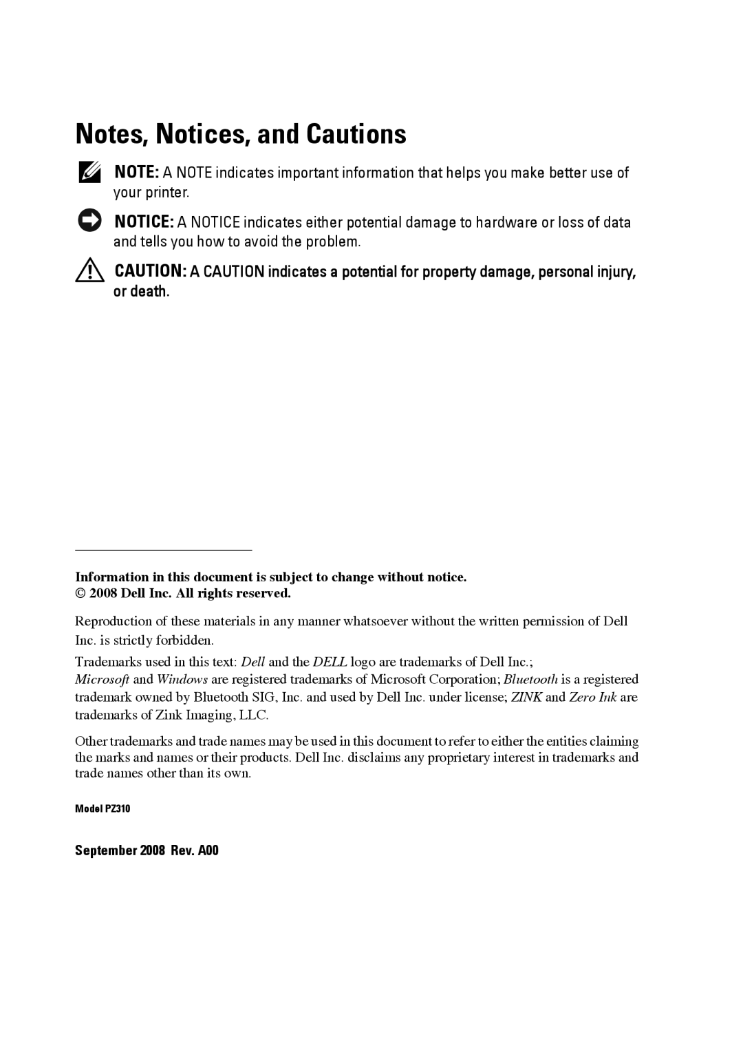 Dell PZ310 manual September 2008 Rev. A00 