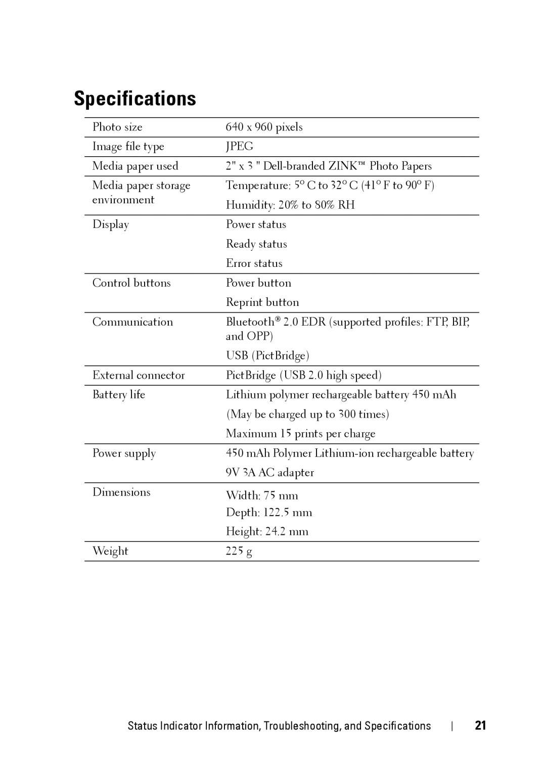 Dell PZ310 manual Specifications, Jpeg 