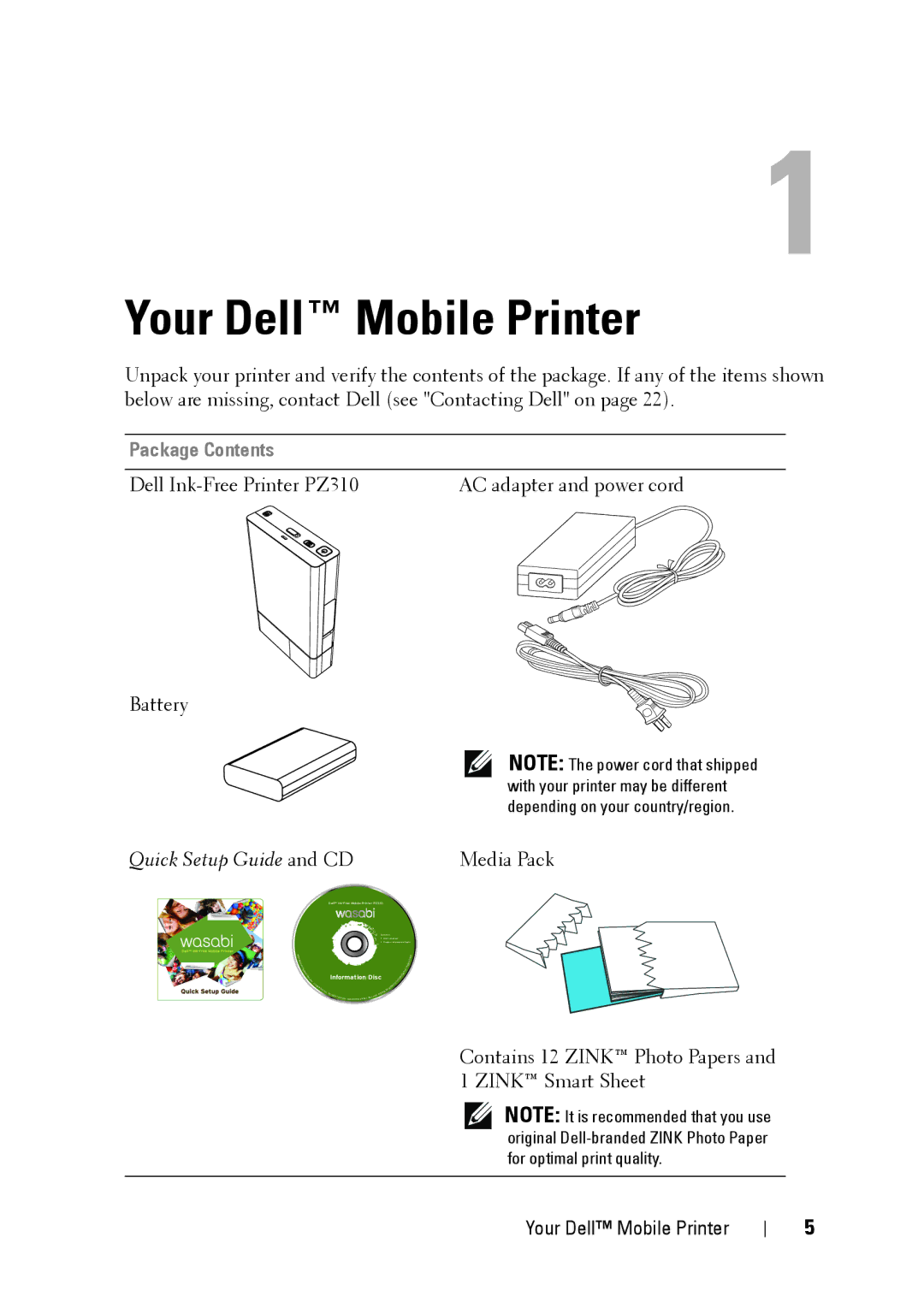 Dell PZ310 manual Your Dell Mobile Printer, Package Contents 