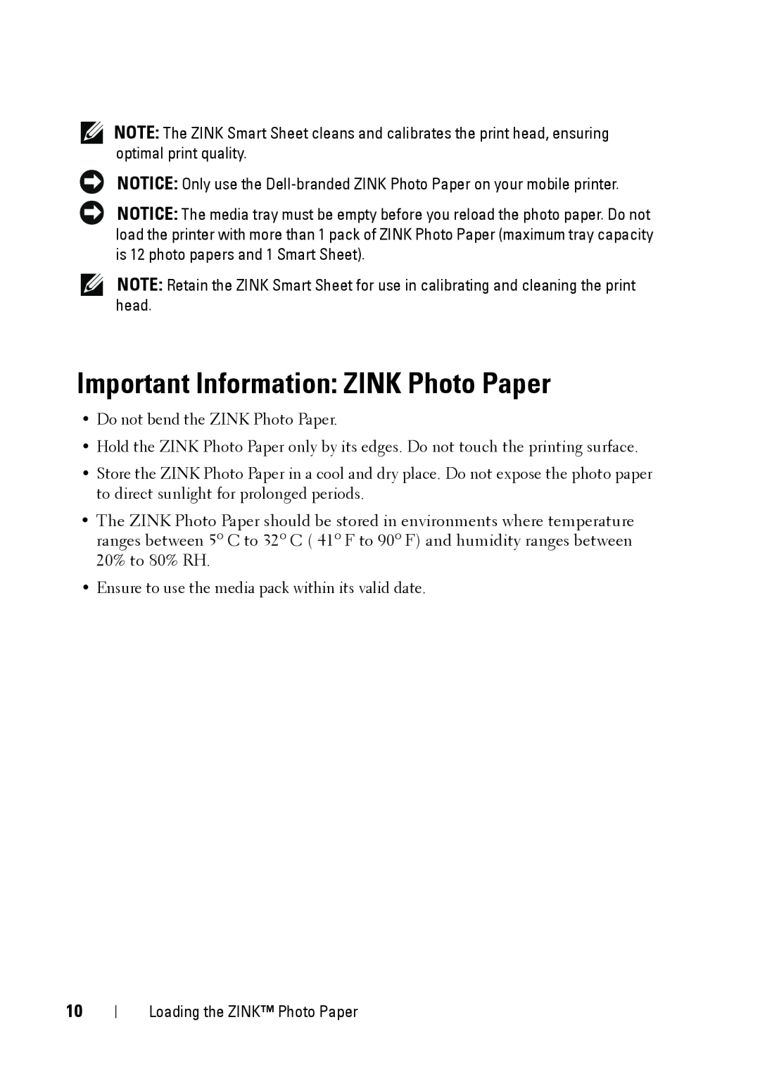 Dell PZ310 manual Important Information ZINK Photo Paper 