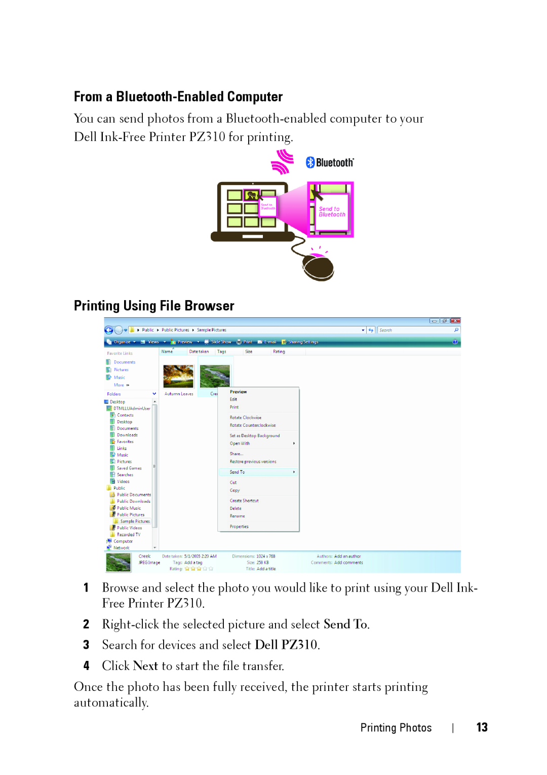 Dell PZ310 manual From a Bluetooth-Enabled Computer, Printing Using File Browser 