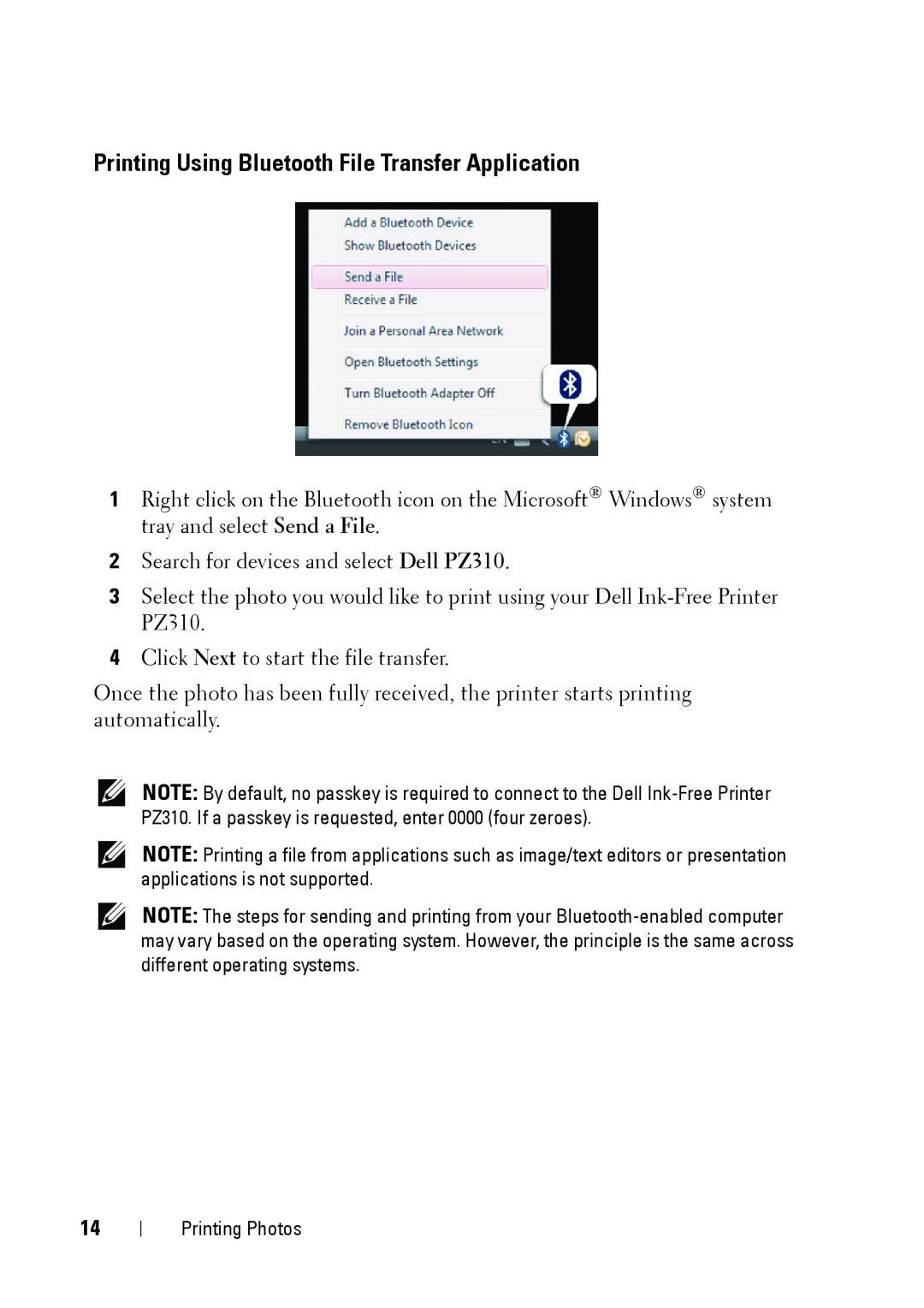 Dell PZ310 manual Printing Using Bluetooth File Transfer Application 