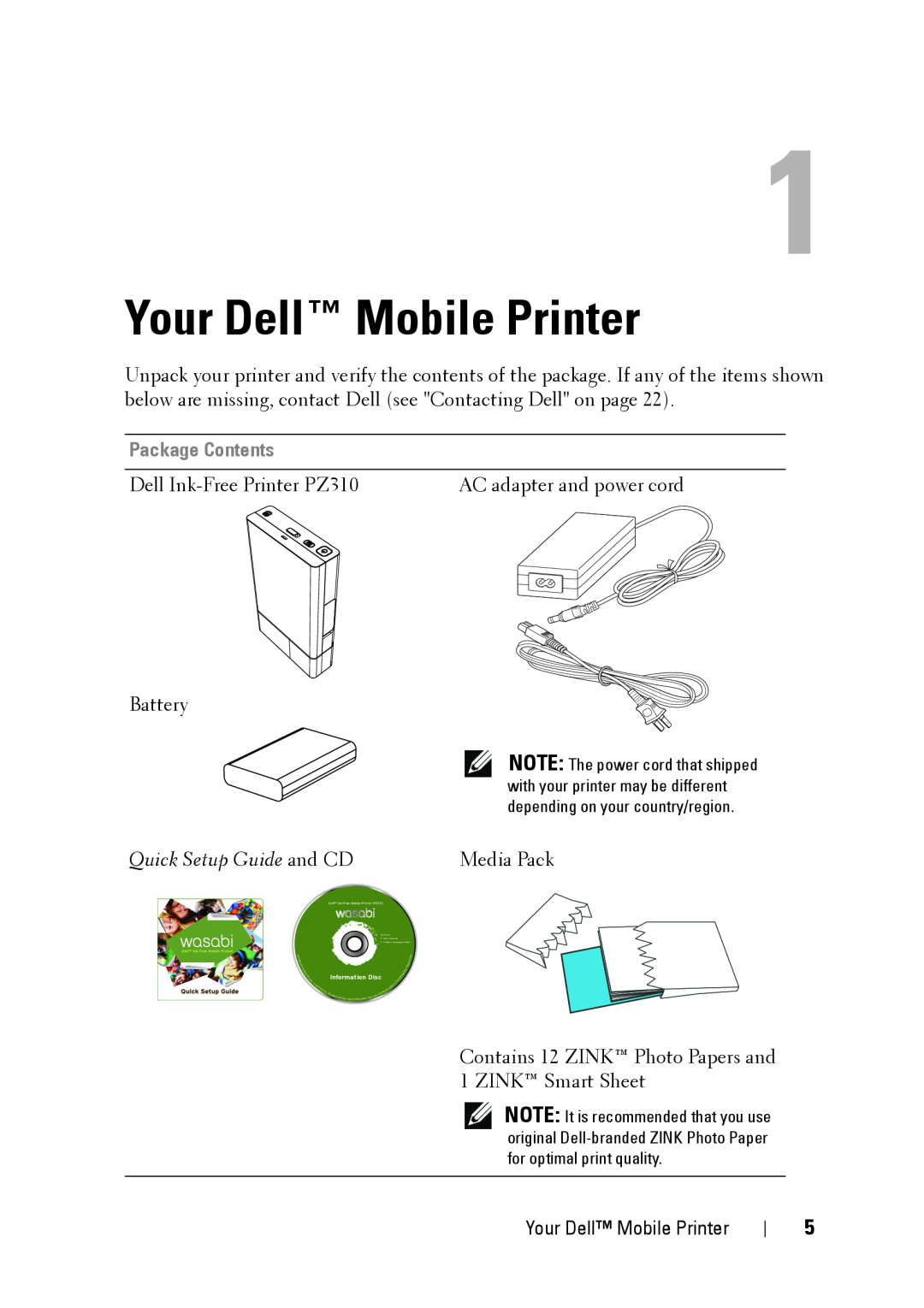 Dell PZ310 manual Your Dell Mobile Printer, Package Contents, Quick Setup Guide and CD, Media Pack 