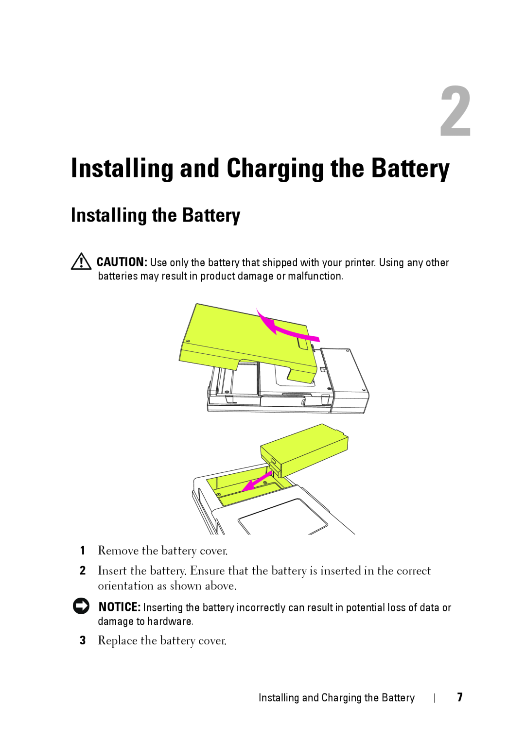 Dell PZ310 manual Installing and Charging the Battery, Installing the Battery 