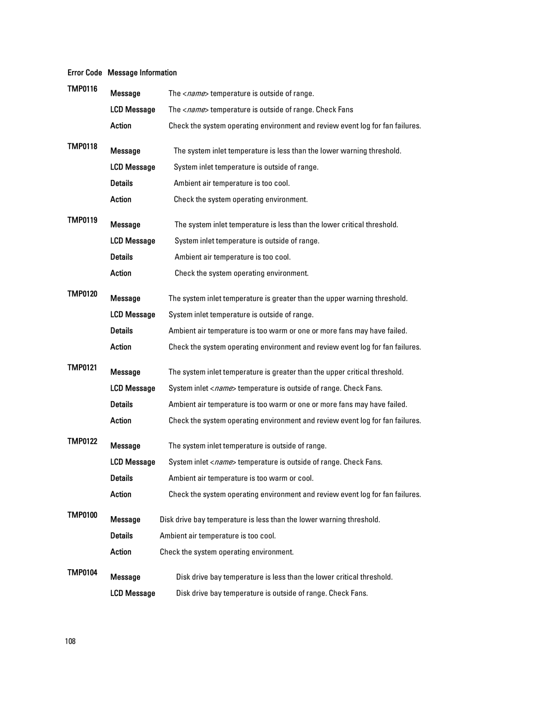 Dell QHB owner manual System inlet temperature is outside of range 